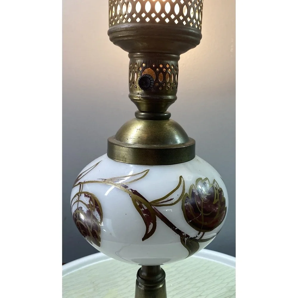 Vintage White Milk Glass&brass Desk Lamp-Hand Painted‎ Floral Marble Base 17
